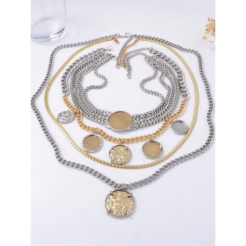Stainless Steel Multilayer Coin Statement Necklace Old Money Layered Chain - Picture 6 of 11